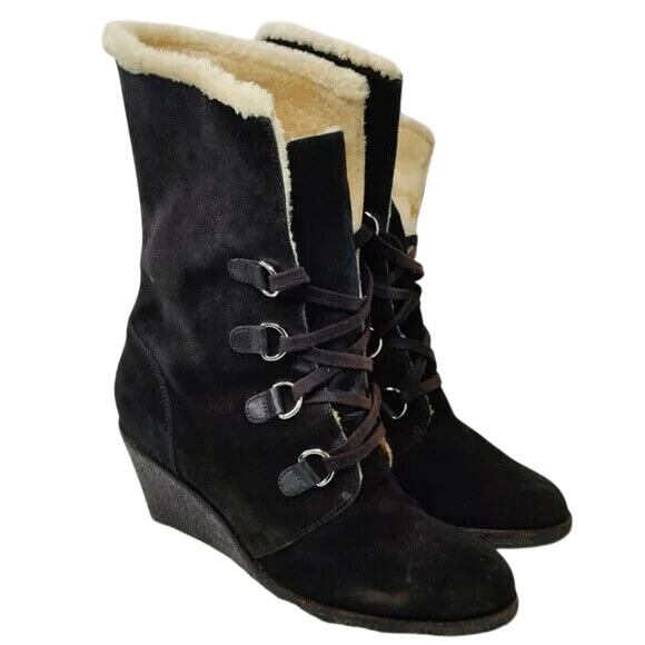 Cole Haan Black Suede Wedge mid calf Booties Size 11 - Picture 1 of 8